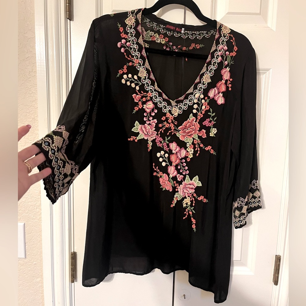 Johnny Was top. Black sheer, floral embroidered. Medium.